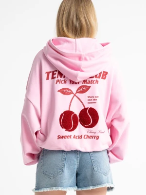 Różowa bluza BOXY z kapturem z autorską grafiką z tyłu Reporter