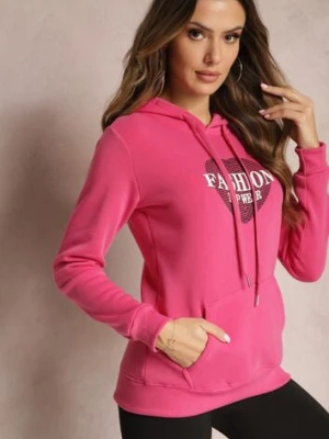 Różowa Bluza Kangurka Ocieplona Polarem z Ozdobnym Nadrukiem Elili kamaella