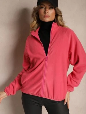 Różowa Bluza Polar z Zapięciem na Suwak Kieszeniami i Stójką Esandria