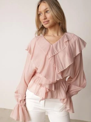 Różowa Bluzka Elegancka z Falbanami z Rozszerzanymi Rękawami Irintora retro & icone