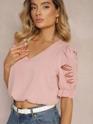 Różowa Bluzka Koszulowa z Ozdobnym Rękawem i Trójkątnym Dekoltem Janesta h&s