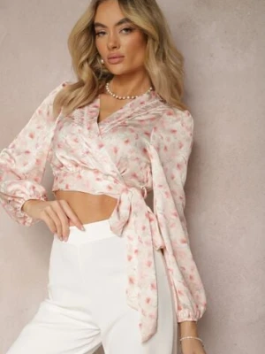 Różowa Bluzka o Krótkim Fasonie z Kopertowym Dekoltem i Wiązaniem w Talii Adredia bisou's project