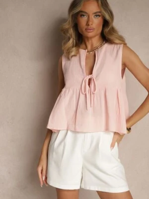 Różowa Bluzka Top z Bawełny Wiązana z Przodu z Falbanką Comila