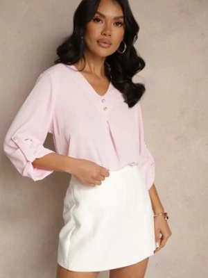 Różowa Bluzka Trapezowa z Dekoltem w Kształcie Litery V i Podpinanymi Rękawami Morlimi new collection