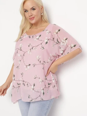 Różowa Bluzka w Kwiaty z Ozdobnym Rękawem Typu Nietoperz Lellia Sweet Lady