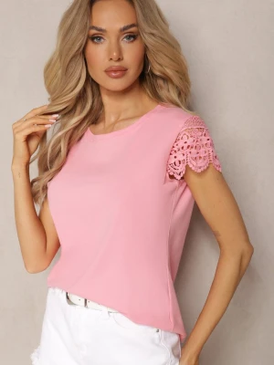 Różowa Bluzka z Bawełny Ozdobiona Koronkowymi Wstawkami i Cekinami Trisenia Fashion