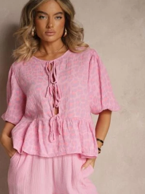 Różowa Bluzka z Bawełny w Prążki Zdobiona Wiązaniem i Falbaną Farettia jumelle