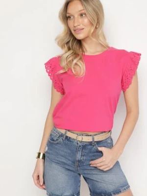 Różowa Bluzka z Bawełny z Ażurowymi Falbankami Zamiast Rękawów Vodelia glo-story