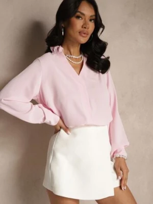 Różowa Bluzka z Dekoltem w Kształcie Litery V Zdobionym Falbanką Davissia new collection