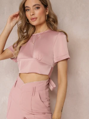 Różowa Bluzka z Krótkim Rękawem i Węzłem z Tyłu Mankira Lily Rose