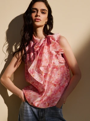 Różowa bluzka z szarfą w kolorowe wzory TARANKO