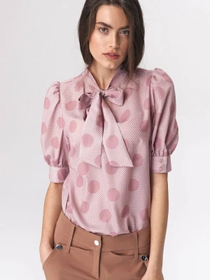 Różowa bluzka z wiązaniem na dekolcie w grochy Merg