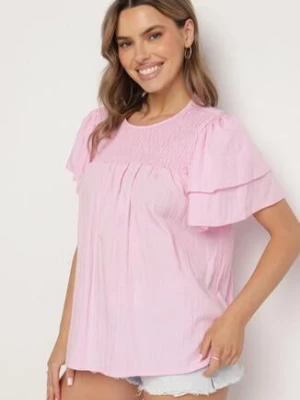 Różowa Bluzka z Wiskozą o Trapezowym kroju z Falbankami i Elastyczną Wstawką Dorlimi new collection