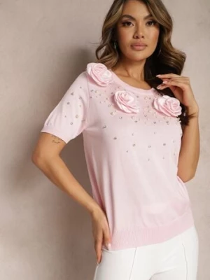 Różowa Bluzka z Wiskozy Ozdobiona Kwiatami Perłami i Cyrkoniami Ullsinia elsa.m by may