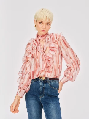 Różowa bluzka z żabotem, wiązaniem i bufkami TARANKO