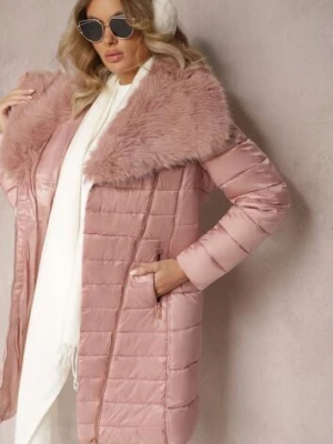 Różowa Długa Kurtka Ozdobiona Futerkiem na Kołnierzu i Pikowaniem Novenna ann gissy