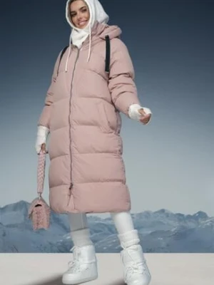 Różowa Długa Kurtka Pikowana Płaszcz na Zamek z Kapturem Lesea j.style