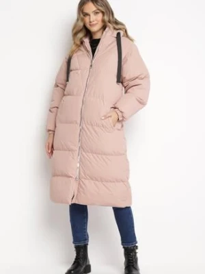 Różowa Długa Kurtka Pikowana Płaszcz na Zamek z Kapturem Lesea j.style