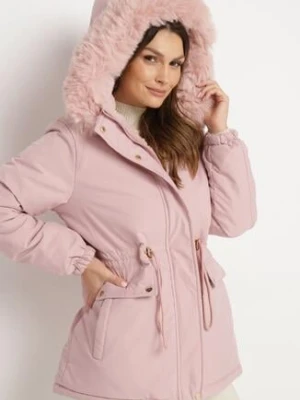 Różowa Dwustronna Kurtka Parka z Kapturem i Futrzaną Pikowaną Wyściółką Hetida emt