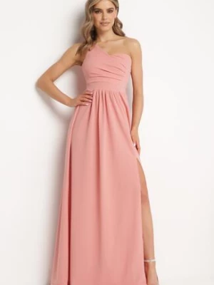 Różowa Elegancka Rozkloszowana Sukienka na Jedno Ramię Wistlia