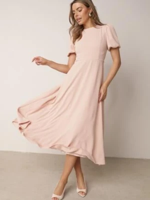 Różowa Elegancka Sukienka VICES o Rozkloszowanym Kroju z Krótkim Rękawem Aezith