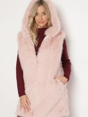 Różowa Futerkowa Kamizelka z Kapturem o Prostym Kroju Sinthira h&s