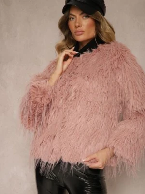 Różowa Futerkowa Kurtka o Prostym Kroju z Zapięciem na Haftki Sialithiel wool fashion