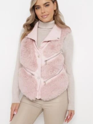 Różowa Futrzana Kamizelka z Kołnierzem z Imitacji Skóry Pharina swest
