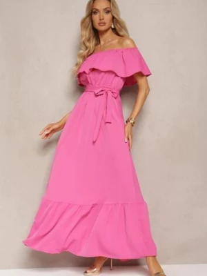 Różowa Hiszapanka Sukienka o Rozkloszowanym Fasonie z Falbanką Naviara