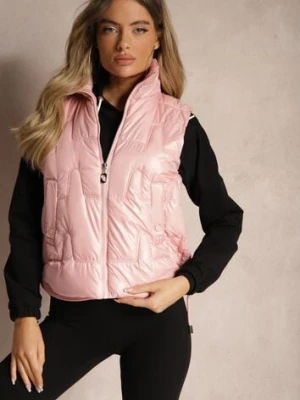 Różowa Kamizelka Pikowana Ozdobiona Troczkami i Stójką Terinora swest