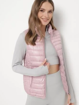 Różowa Kamizelka Pikowana z Kieszonkami i Wysokim Kołnierzem Kendiana swest