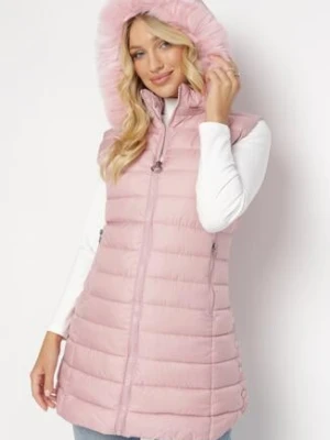 Różowa Kamizelka Pikowana ze Sztucznym Futerkiem i Kapturem Semille