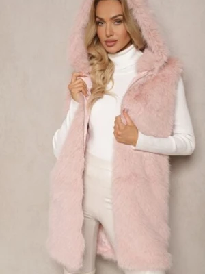 Różowa Kamizelka z Futerkiem i Kapturem o Prostym Kroju Sinavira h&s