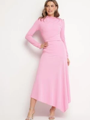 Różowa Koktajlowa Sukienka o Asymetrycznym Kroju Ozdobiona Guzikami Nolriti allyson