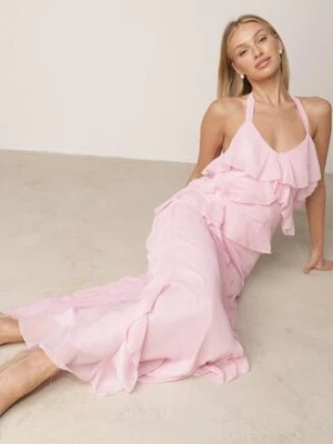 Różowa Koktajlowa Sukienka Taliowana z Falbankami Wiązana na Szyi Demeina elsa.m by may