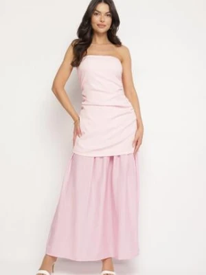 Różowa Koktajlowa Sukienka Typu Bandeau z Marszczeniem Izelessa allyson