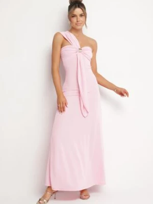 Różowa Koktajlowa Taliowana Sukienka na Jedno Ramię z Metaliczną Ozdobą Divalline allyson