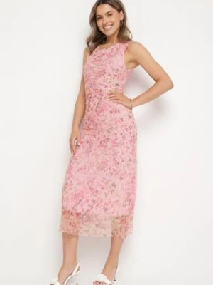 Różowa Koktajlowa Taliowana Sukienka w Kwiaty z Wiskozową Podszewką Lidra lovery