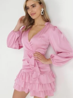 Różowa Kopertowa Sukienka Mini z Falbankami Oledo