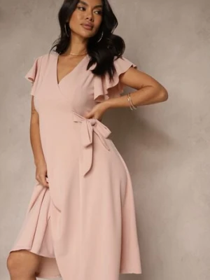 Różowa Kopertowa Sukienka z Rozkloszowanym Dołem i Ozdobnym Wiązaniem Dannola new collection