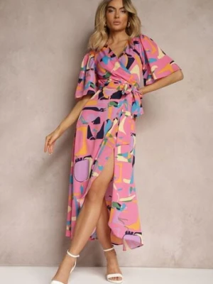 Różowa Kopertowa Sukienka z Trójkątnym Dekoltem i Materiałowym Paskiem w Talii Minolia retro & icone