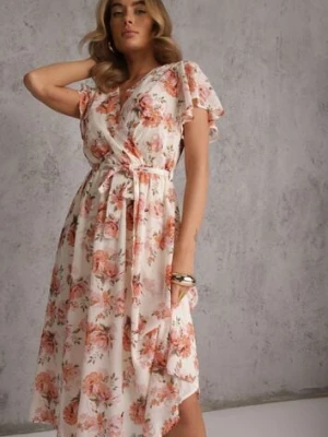 Różowa Kopertowa Sukienka z Wiązaniem w Talii Zdobiona Brokatem Plumse m&d fashion