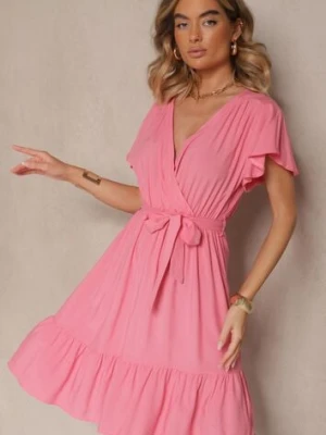 Różowa Kopertowa Sukienka z Wiskozy Ozdobiona Paskiem Lanestea j&x