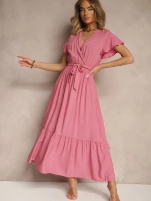 Różowa Kopertowa Sukienka z Wiskozy Ozdobiona Paskiem Savioneira j&x