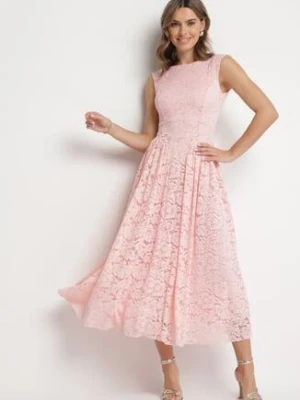 Różowa Koronkowa Sukienka o Rozkloszowanym Kroju z Odkrytymi Plecami Nelamia allyson