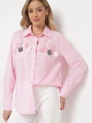 Różowa Koszula na Biżuteryjne Guziki ze Zdobionymi Kieszeniami Nerlla