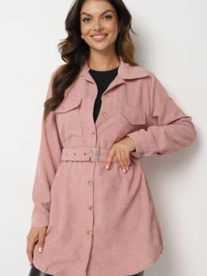 Różowa Koszula o Długim Fasonie ze Sztruksu z Paskiem na Klamerkę Nawin h&s