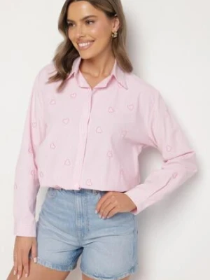Różowa Koszula o Kroju Oversize w Paski Zdobiona Haftem w Serca Nitariena melya by melody
