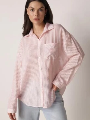 Różowa Koszula o Kroju Oversize z Tencelu w Paski Ozdobiona Haftem Tidine