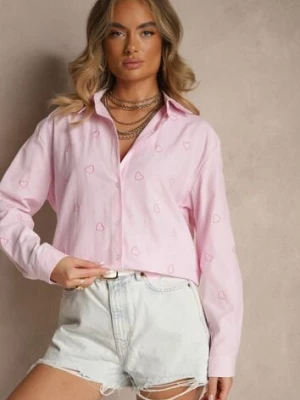 Różowa Koszula Oversize w Prążki Zdobiona Haftem w Serca Nitavela melya by melody